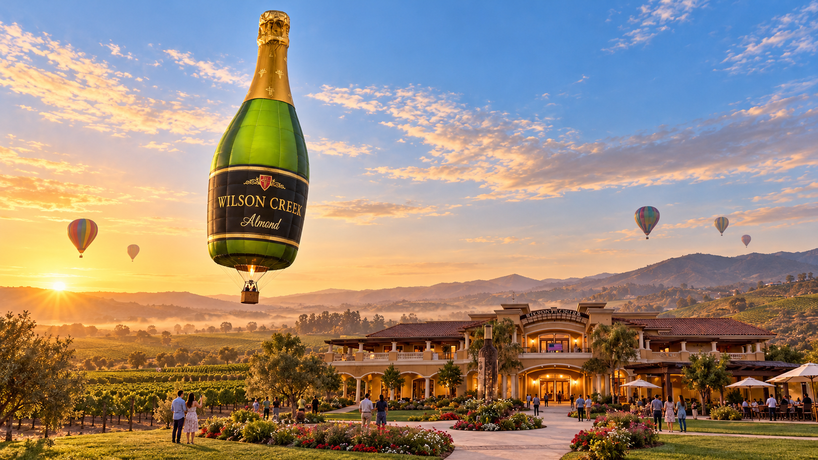 AI-generated editorial illustration inspired by Wilson Creek Winery and its Almond Sparkling Wine; not a photograph of an actual event.
