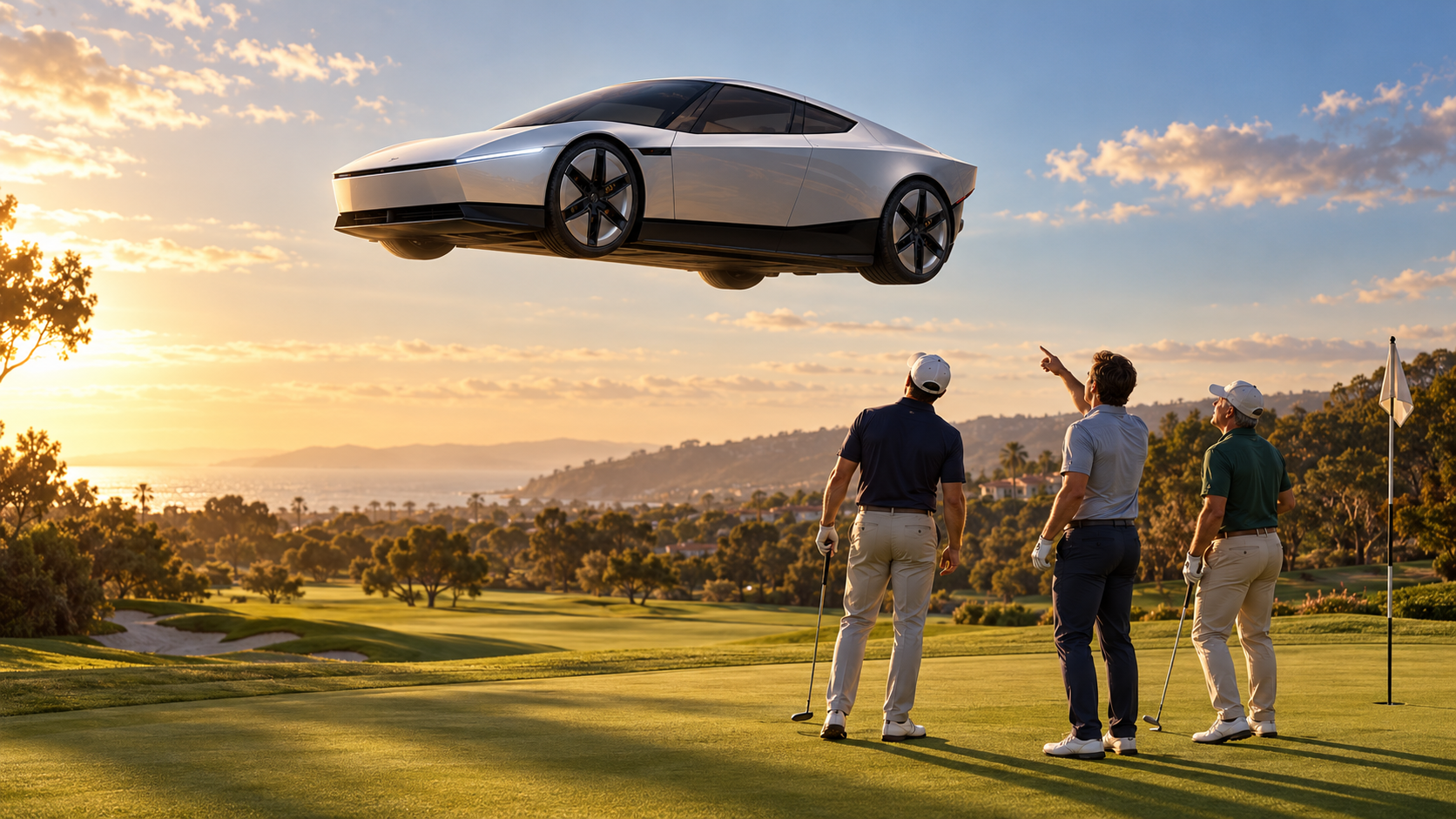 AI-generated hypothetical illustration: the new Roadster imagined over a golf course. Not an actual flight or demonstrated capability.